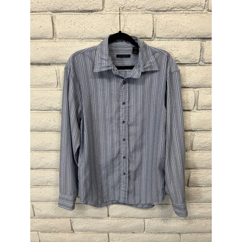 Inizio Mens Large Blue Striped Long Sleeve Button Down Shirt Textured Seersucker